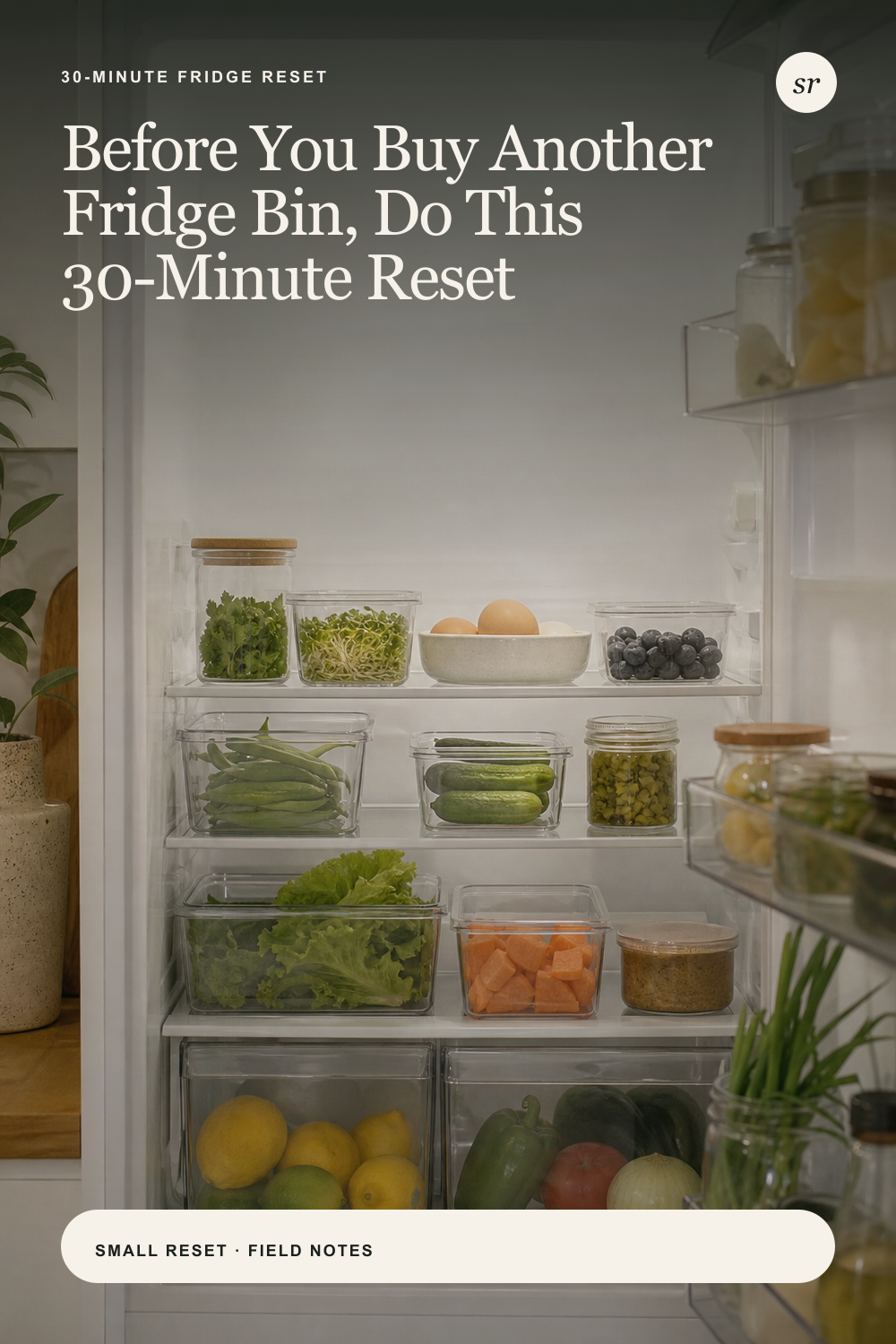Organized small refrigerator with clear zones for produce, drinks and everyday food